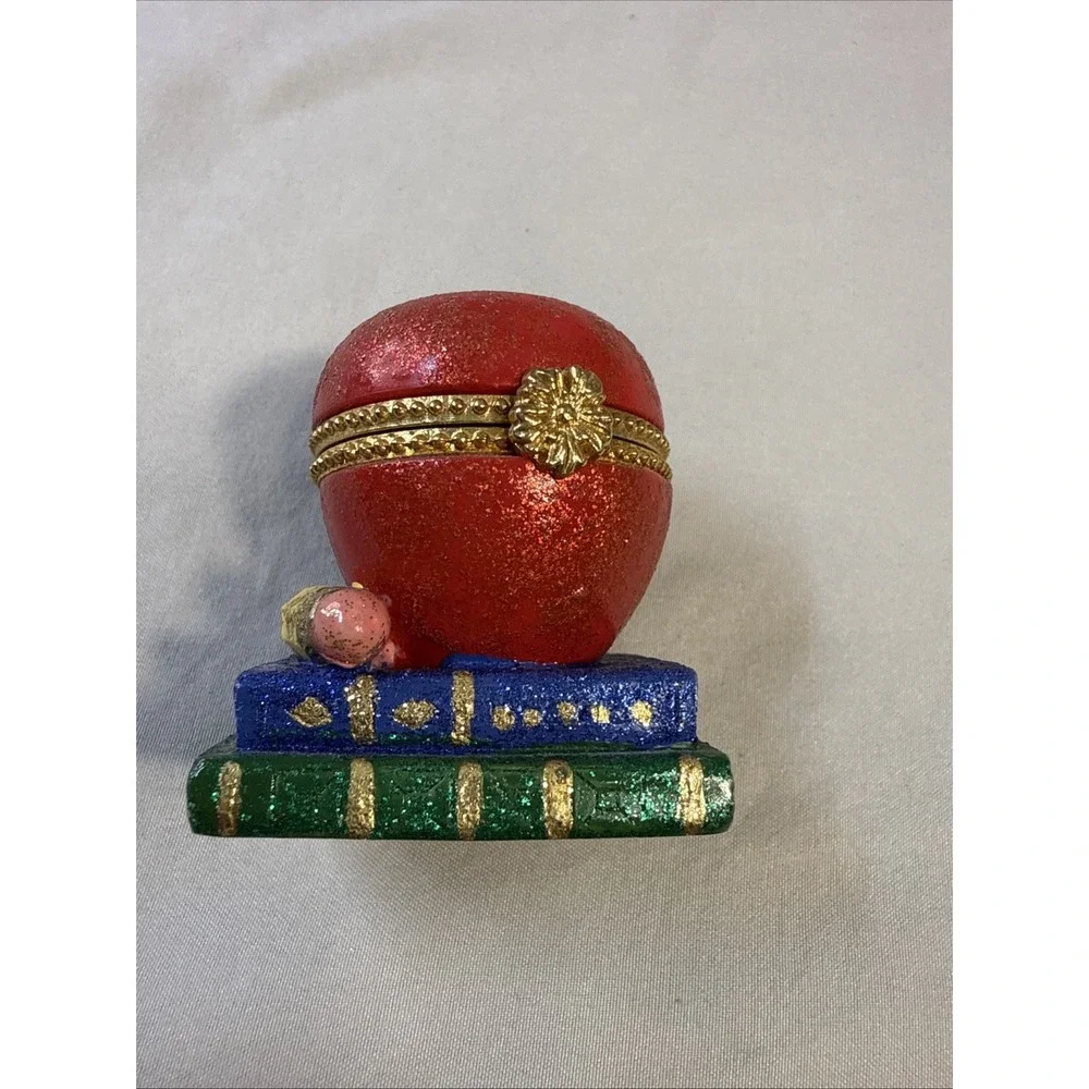 Vintage Porcelain Hinged Apple on Books Trinket Box Teacher Gift Gold Trim